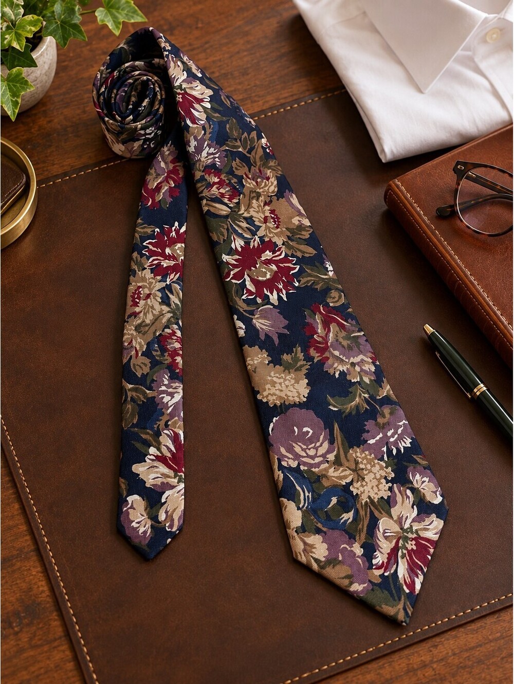 Mario Valentino Vintage Floral Print Necktie Navy Blue Purple Silk Tie EUC